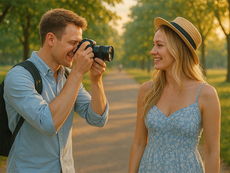 Couple on a photography walk in a park, smiling as one takes a photo of the other during golden hour.