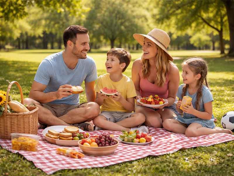 "Happy family enjoying a picnic together in the park, with fruit and sandwiches on a picnic blanket."
