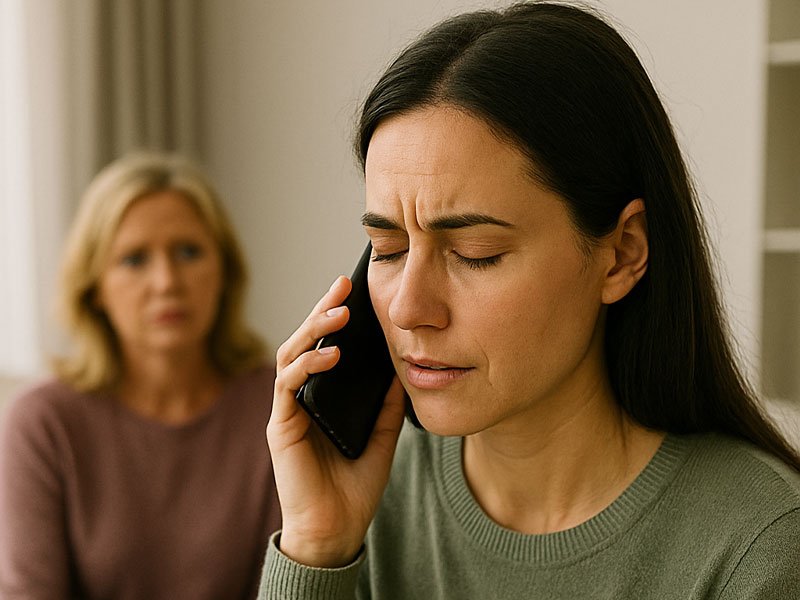 A woman talks quietly on the phone with a worried expression while another woman sits behind her in support, showing the importance of seeking emotional help and protecting personal well-being.