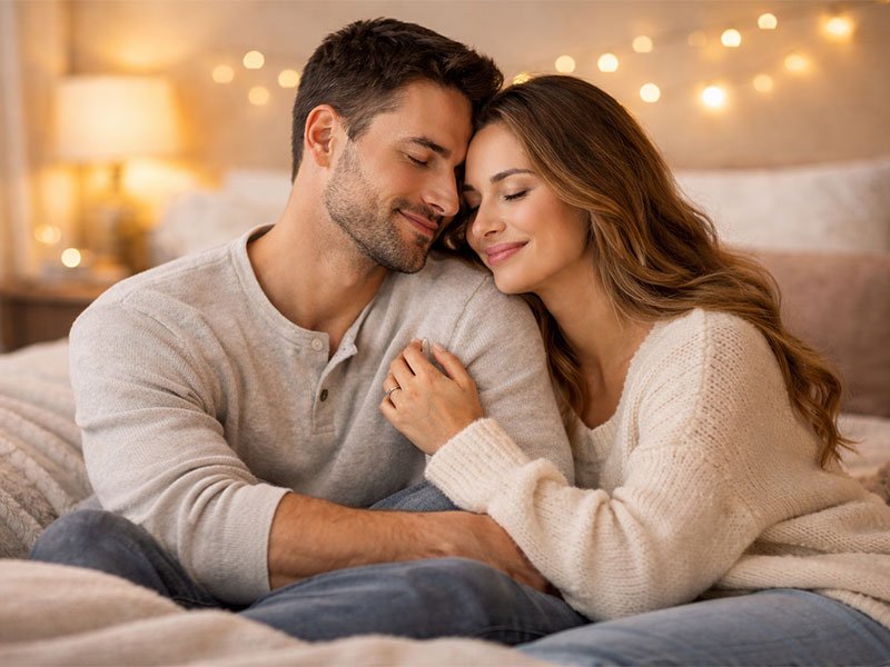 A couple cuddling on a bed in a warm bedroom with soft lights, looking calm and happy.