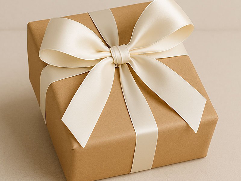 Gift wrapped in simple brown paper with a large, neatly tied satin ribbon bow, creating a luxurious and elegant focal point.