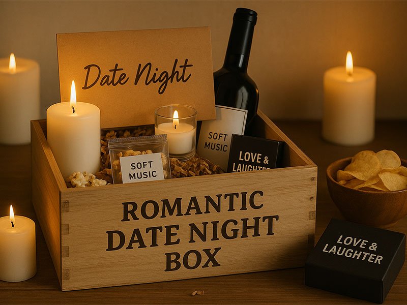 Wooden romantic date night box with candles, wine, snacks, and cards, creating a cozy and intimate holiday setup for couples.