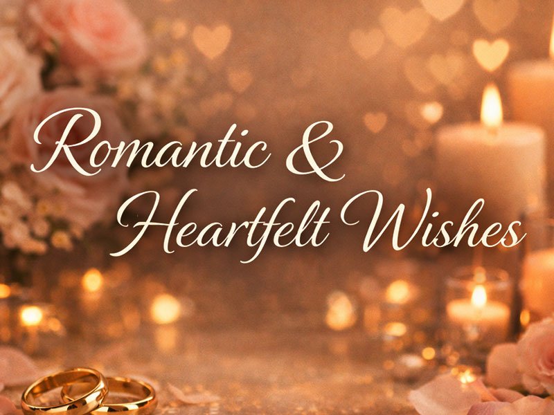 Romantic and heartfelt wishes text with glowing candles, soft roses, and wedding rings in a warm, elegant setting.
