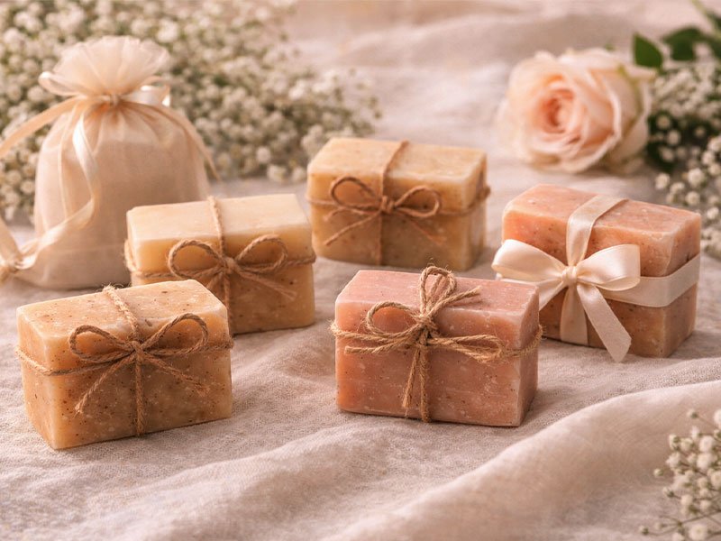 Handmade soap bars wrapped with twine and ribbons, arranged as natural and elegant wedding guest favors on a soft fabric background.