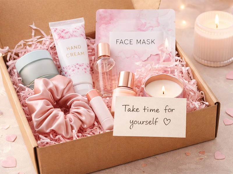 "Self-care gift box with hand cream, a face mask, perfume bottles, a scrunchie, and a candle, with a note saying 'Take time for yourself.'"