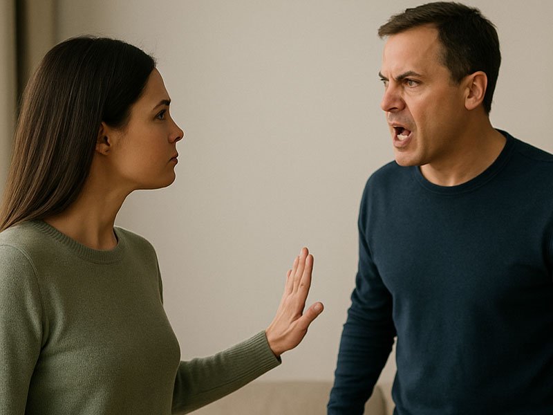 A woman calmly holds up her hand to set a boundary while her husband angrily reacts, showing assertive communication without escalating the conflict.
