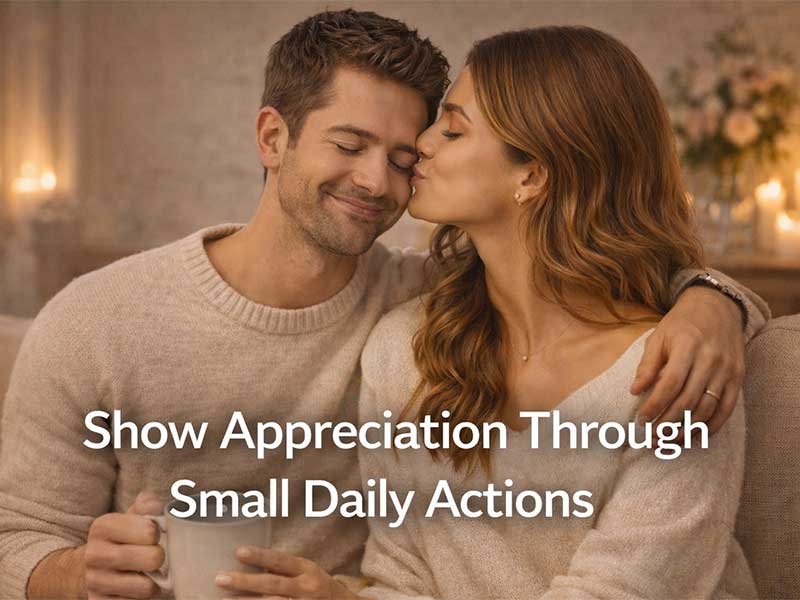 Woman kissing her partner’s cheek while they sit together holding a mug, with text about showing appreciation through small daily actions.