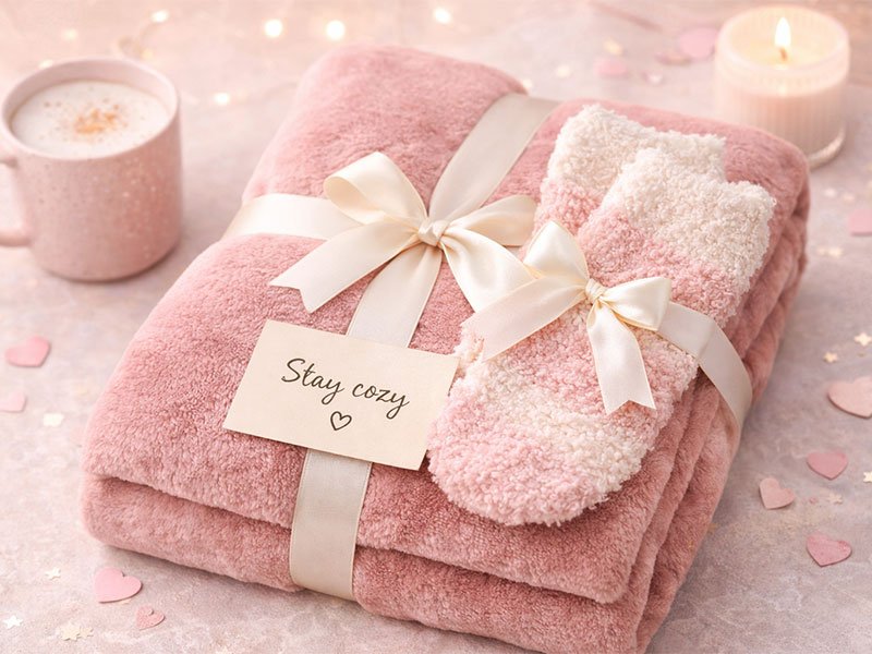 "Cozy pink blanket and fluffy socks set tied with a satin ribbon, accompanied by a 'Stay cozy' note, a warm cup, and a lit candle."