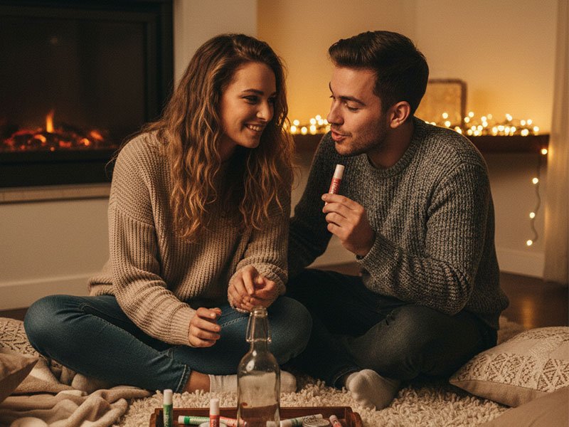 A couple sitting on the floor by a fireplace, smiling and playing with flavored lip balms during a cozy night in.