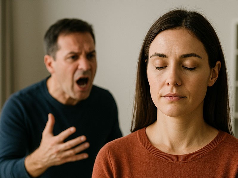 A woman stands calmly with her eyes closed in the foreground while her husband angrily shouts behind her, illustrating emotional self-control during a tense moment.