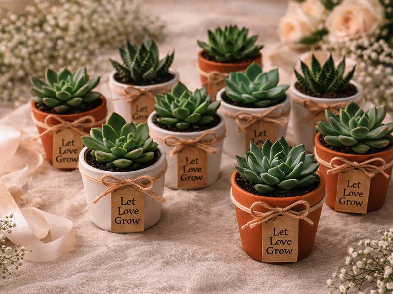 Mini succulents in small pots with “Let Love Grow” tags, displayed as eco-friendly and meaningful wedding guest favors.