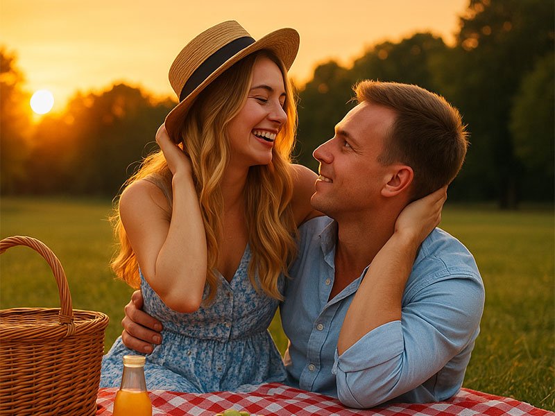 Couple enjoying a romantic sunset picnic in a park, sitting on a blanket with snacks and laughing together in warm evening light.