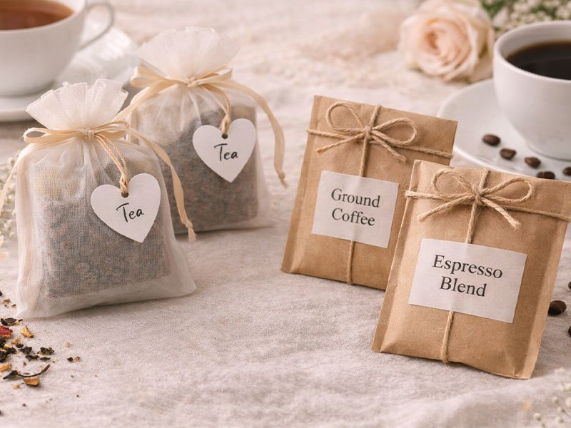 Tea sachets and small coffee packets labeled tea, ground coffee, and espresso blend, displayed as cozy and thoughtful wedding guest favors.