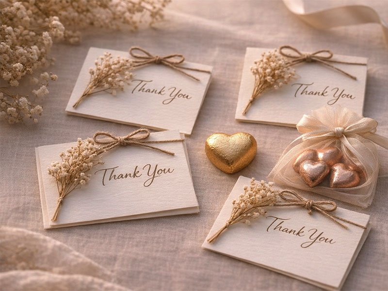 Thank-you cards with handwritten-style lettering, dried flowers, and small chocolates, arranged as simple and heartfelt wedding guest favors.