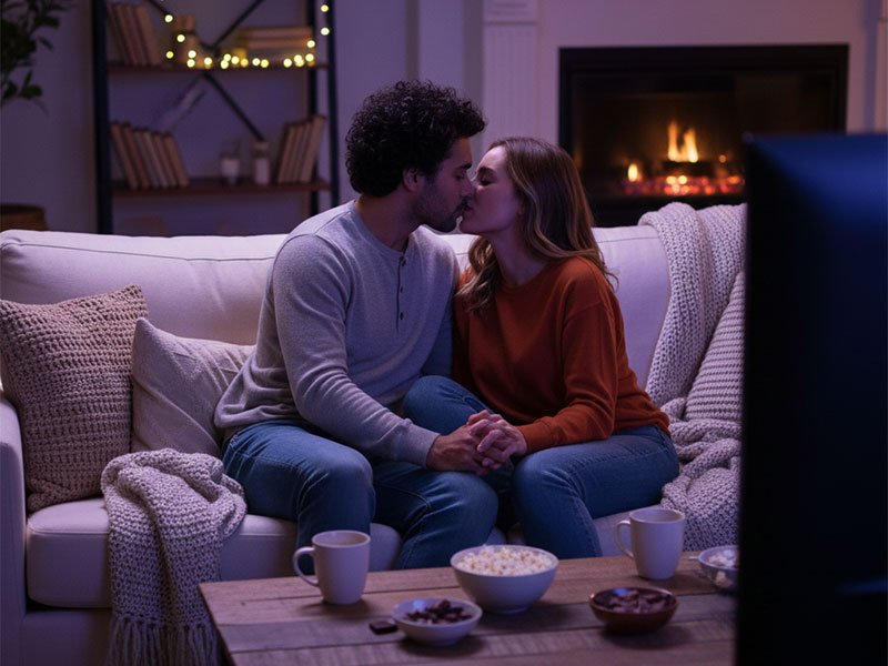 A couple sitting on a cozy sofa during movie night, sharing a kiss in front of a warm fireplace with snacks on the table.