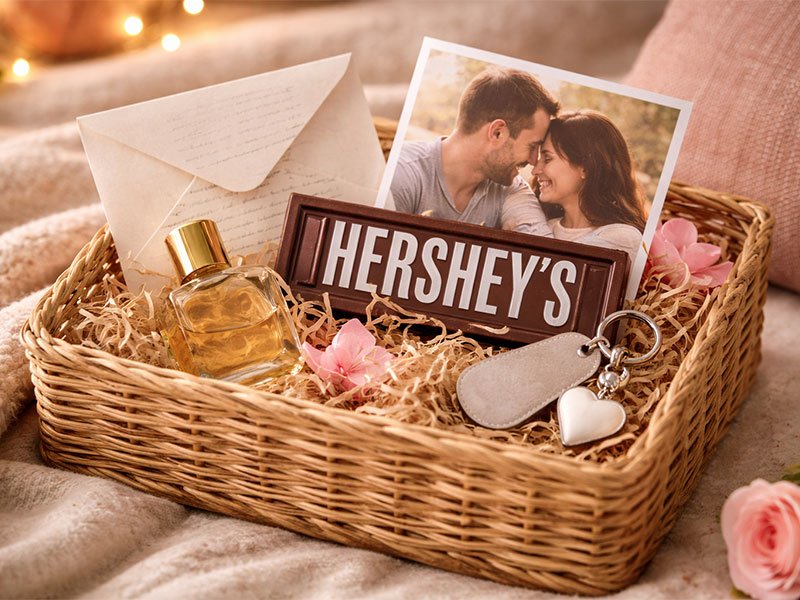Romantic love hamper with a handwritten letter, couple photo, chocolate bar, perfume bottle, and heart keychain in a wicker basket.