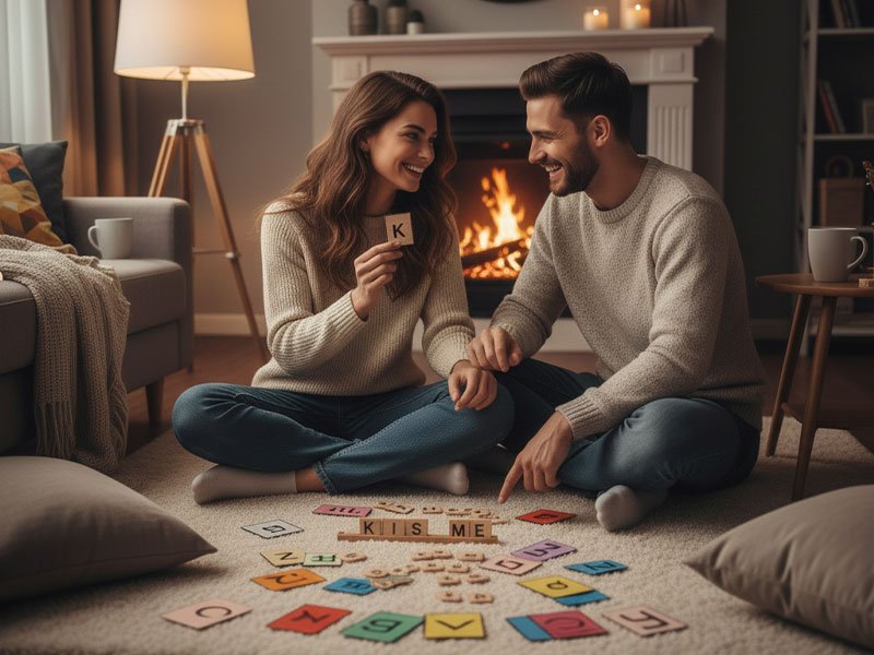 A couple sitting on the floor by a fireplace, smiling and playing with colorful alphabet cards during a cozy game night.