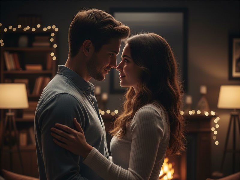 A couple standing closely in a softly lit room, gazing into each other’s eyes with warm, romantic tension.