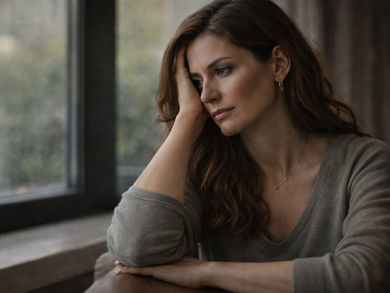 Woman sitting by a window with her head resting on her hand, looking thoughtful and worried.