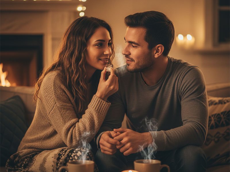 A couple sitting close together in a cozy room as the woman playfully holds an ice cube near her lips while they smile at each other.