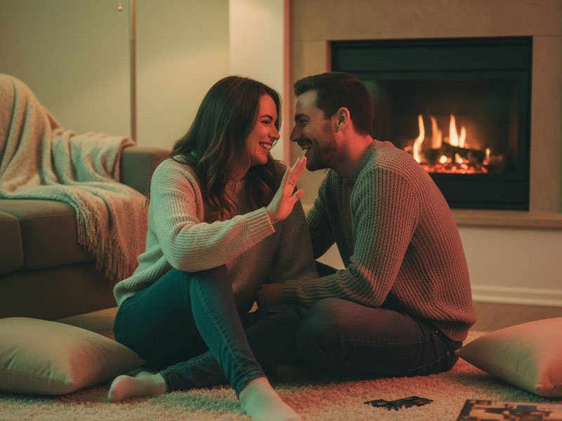 A couple sitting on the floor by a fireplace, laughing and playing a cozy, playful game together.