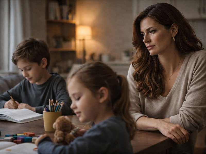 Mother sitting at a table watching her two children as they study and play indoors.