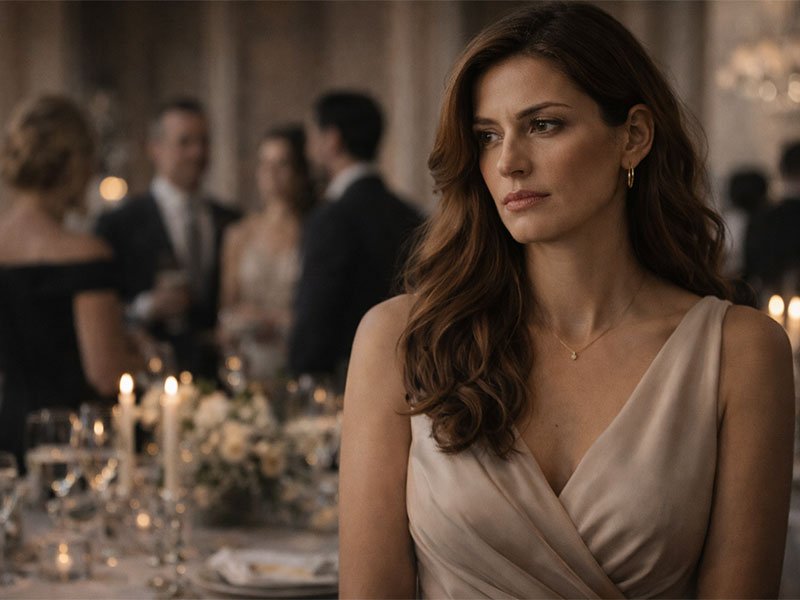 Woman in an elegant dress standing at a formal event, looking serious while people socialize in the background.