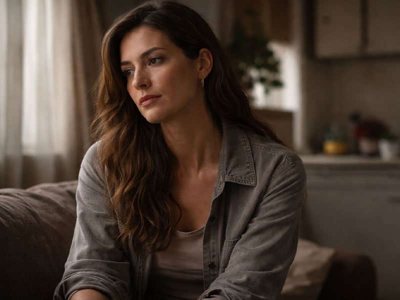 Thoughtful woman sitting on a couch indoors, looking to the side with a serious expression.