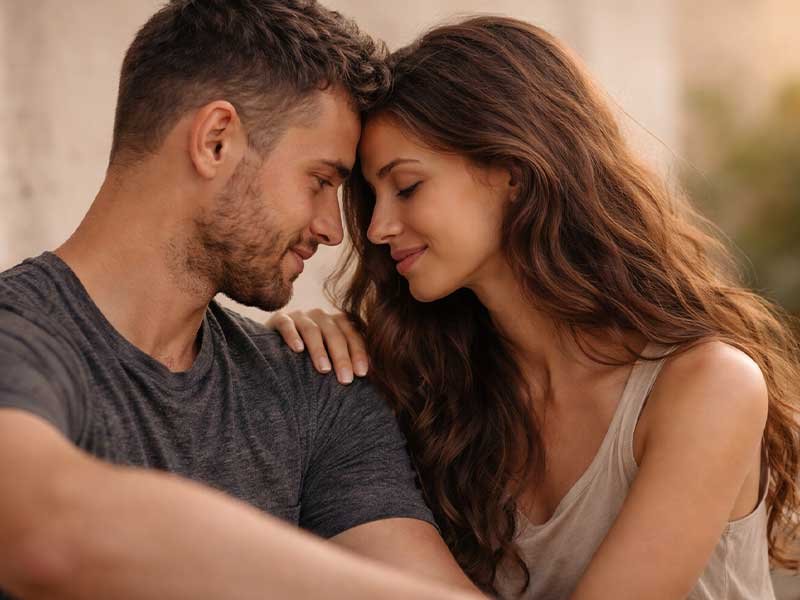 A couple sitting close together, sharing a quiet, intimate moment with gentle smiles.