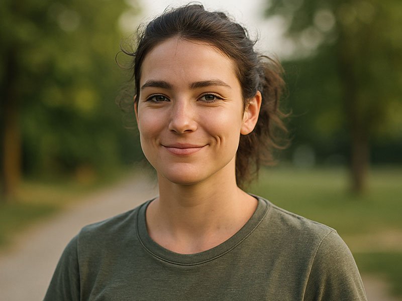 A young woman with a casual messy ponytail smiles softly while standing outdoors in a green park.