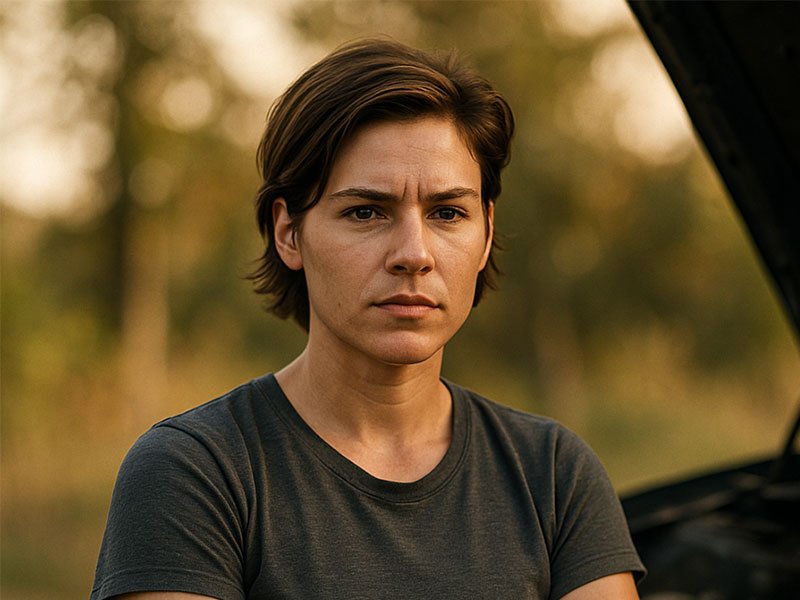 A focused woman with short hair stands outdoors near a car, looking serious and confident.