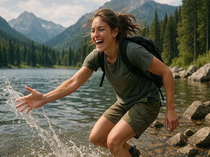 A joyful woman with a backpack splashes water playfully at a mountain lake, surrounded by trees and rocky shore.