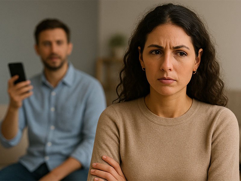 Woman with folded arms looking serious in the foreground while a man sits behind her holding a phone, suggesting emotional distance or mixed signals.