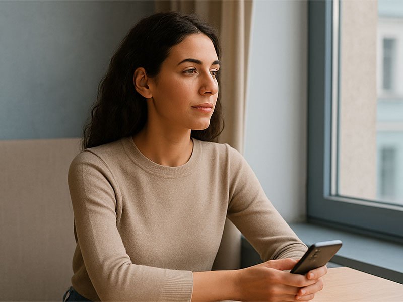 Woman sitting by a window holding her phone calmly, appearing thoughtful and emotionally composed in a quiet indoor setting.