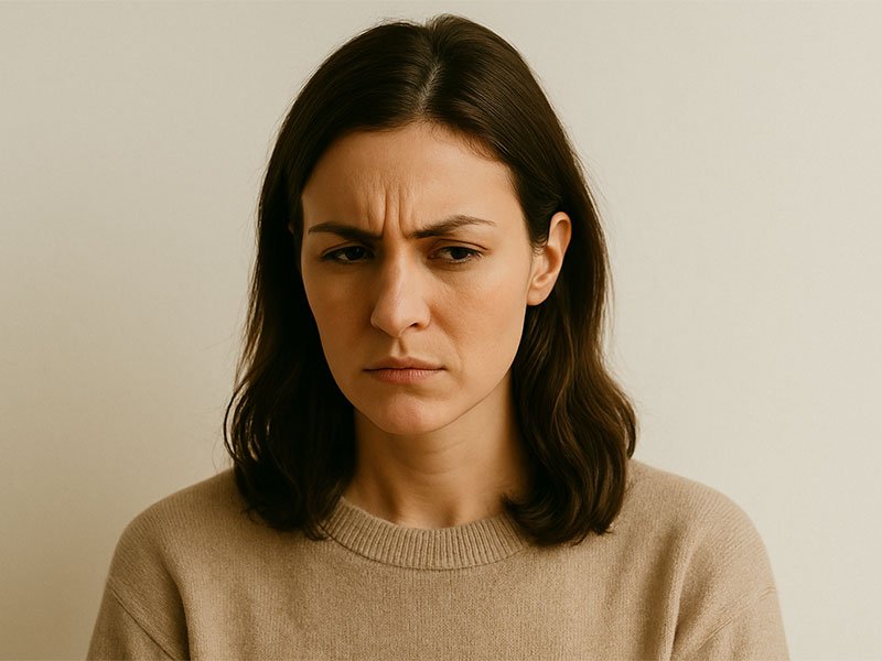 Woman with a serious expression and furrowed brows wearing a beige sweater against a neutral background.