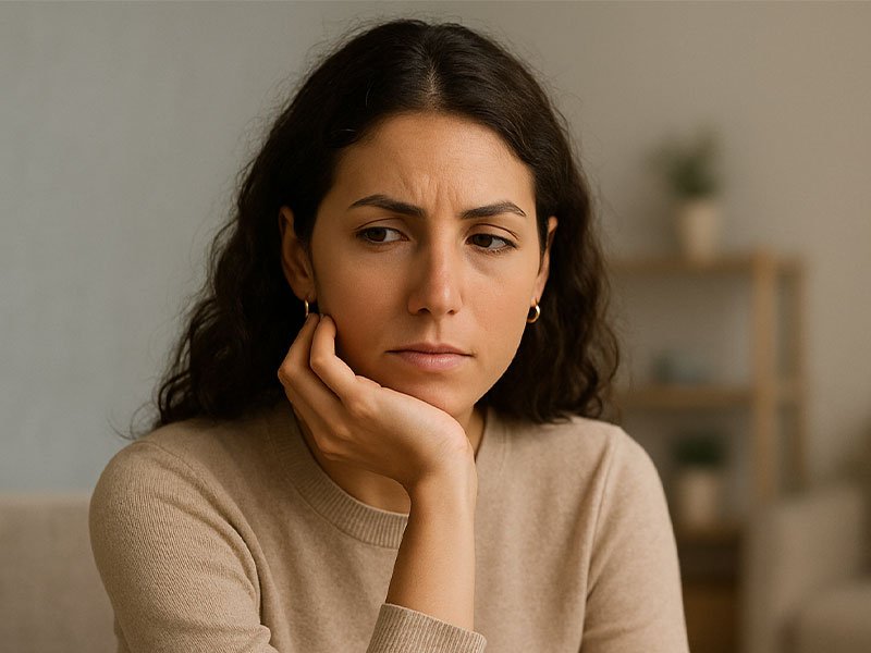 Woman resting her chin on her hand with a thoughtful expression, reflecting quietly in a calm indoor setting.