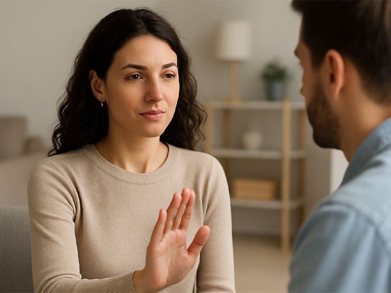 Woman calmly raising her hand to set a boundary while speaking to a man in a neutral indoor setting.