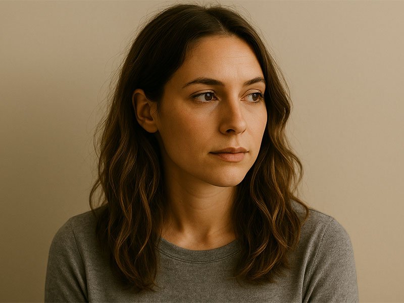 Thoughtful woman with shoulder-length brown hair looking to the side against a neutral background.