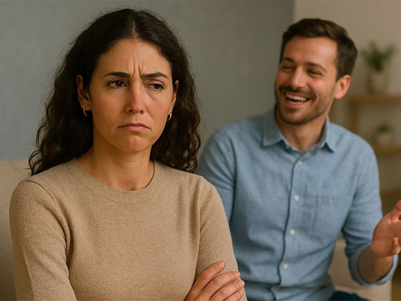 Woman looking upset with arms crossed in the foreground while a man laughs and gestures behind her in a living room setting.
