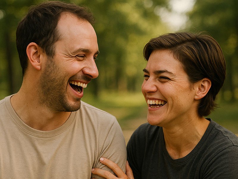 A smiling couple laughs together while sitting outdoors in a park.