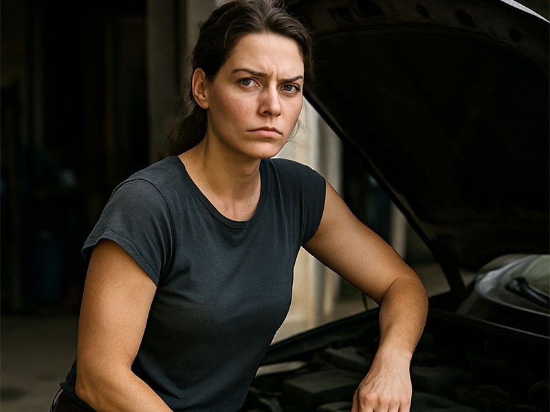 A serious-looking woman in a dark T-shirt stands beside an open car hood, appearing focused and hands-on.