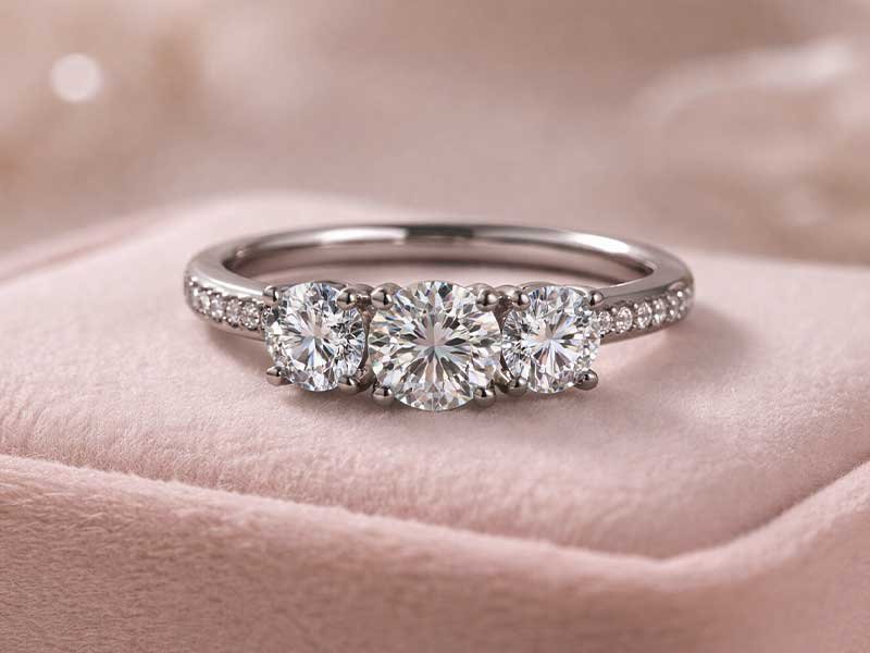 Close-up of a three-stone diamond wedding ring with a pavé band on a soft pink fabric background.