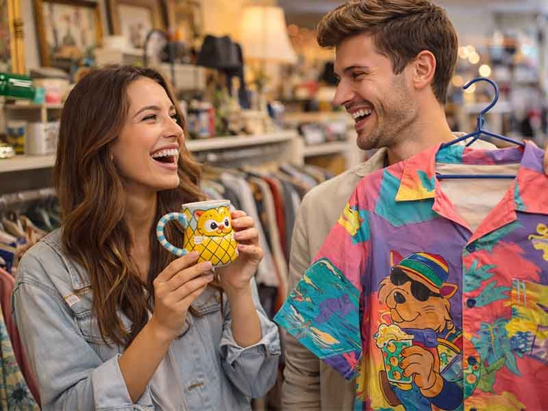 Laughing couple in a thrift store, holding a fun mug and looking at a colorful shirt on a hanger.