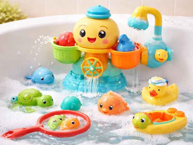Colorful toddler bath toy set with floating animal toys and a smiling water-play station in a bubbly bathtub.