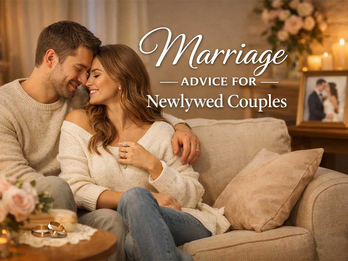 Happy newlywed couple sitting close on a sofa, smiling and sharing a warm, loving moment at home.