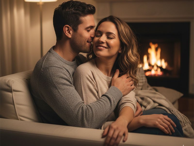 A couple cuddling on a couch, smiling warmly as the man leans in to whisper affectionately by a cozy fireplace.
