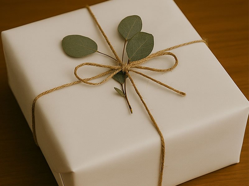 White gift box wrapped with twine and decorated with simple green leaves for a clean, natural, and elegant look.