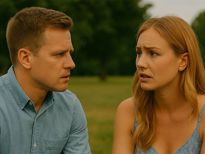 Couple sitting closely outdoors in a park, having a serious conversation with concerned and thoughtful expressions.