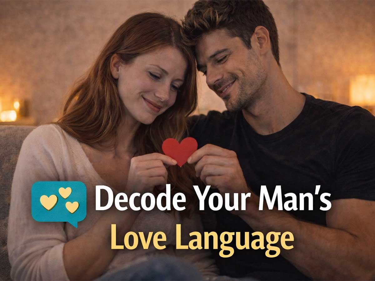 Couple sitting together on a couch holding a red heart, with text saying “Decode Your Man’s Love Language.”
