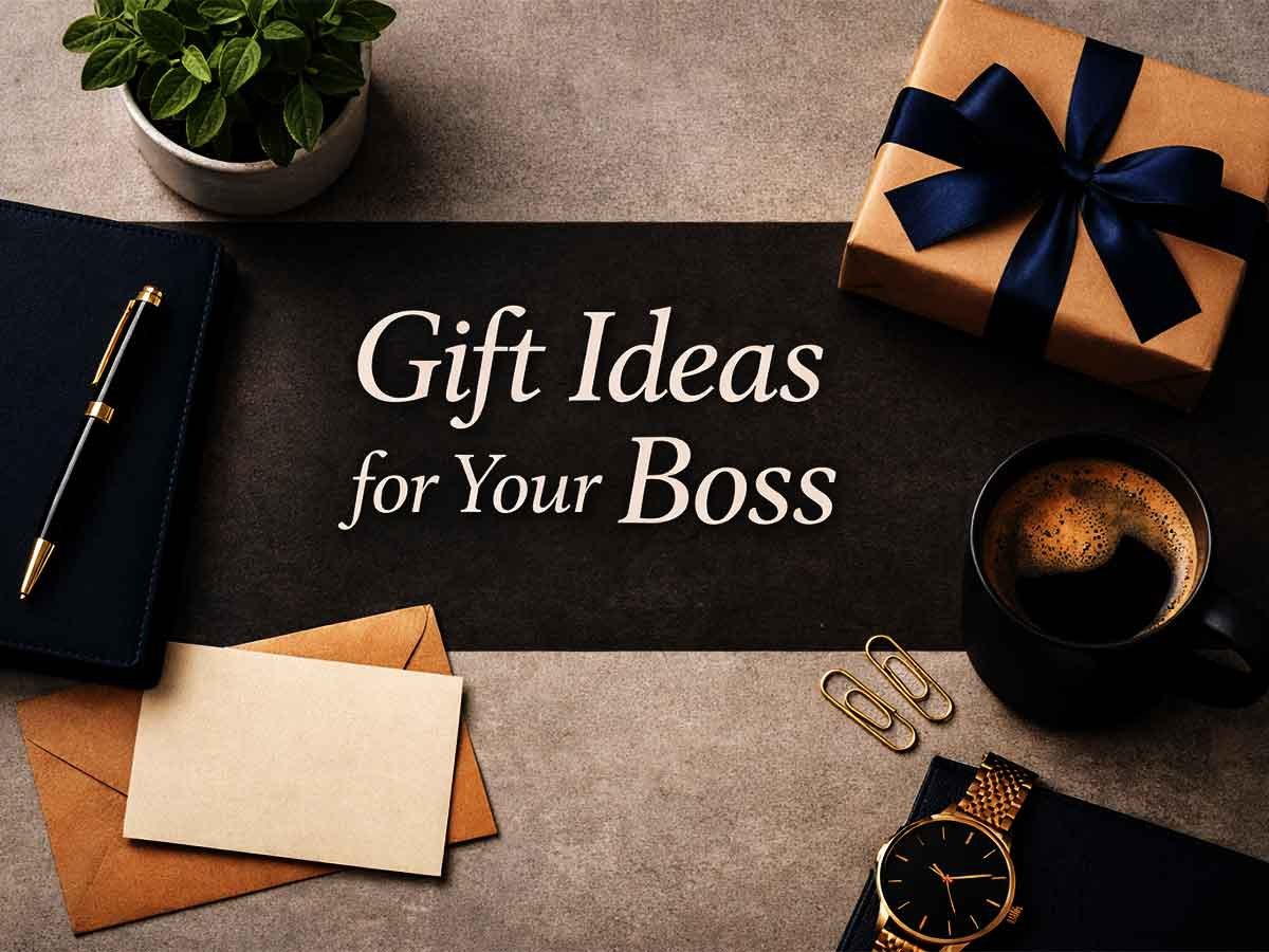 Desk flat-lay with a wrapped gift, coffee cup, notebook and pen, cards, and text that says “Gift Ideas for Your Boss.”